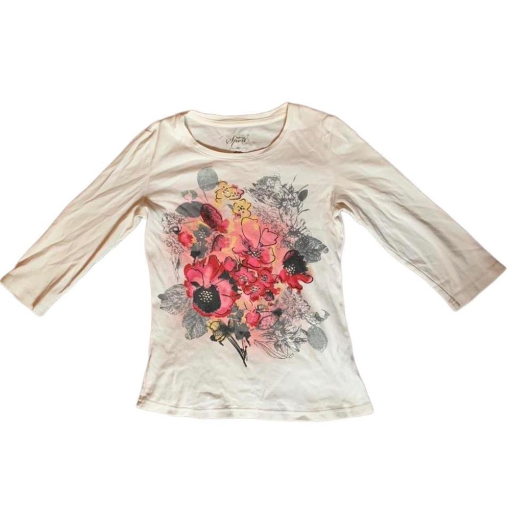 Y2k Printed Graphic floral pink & white 3/4 sleeve top with gems